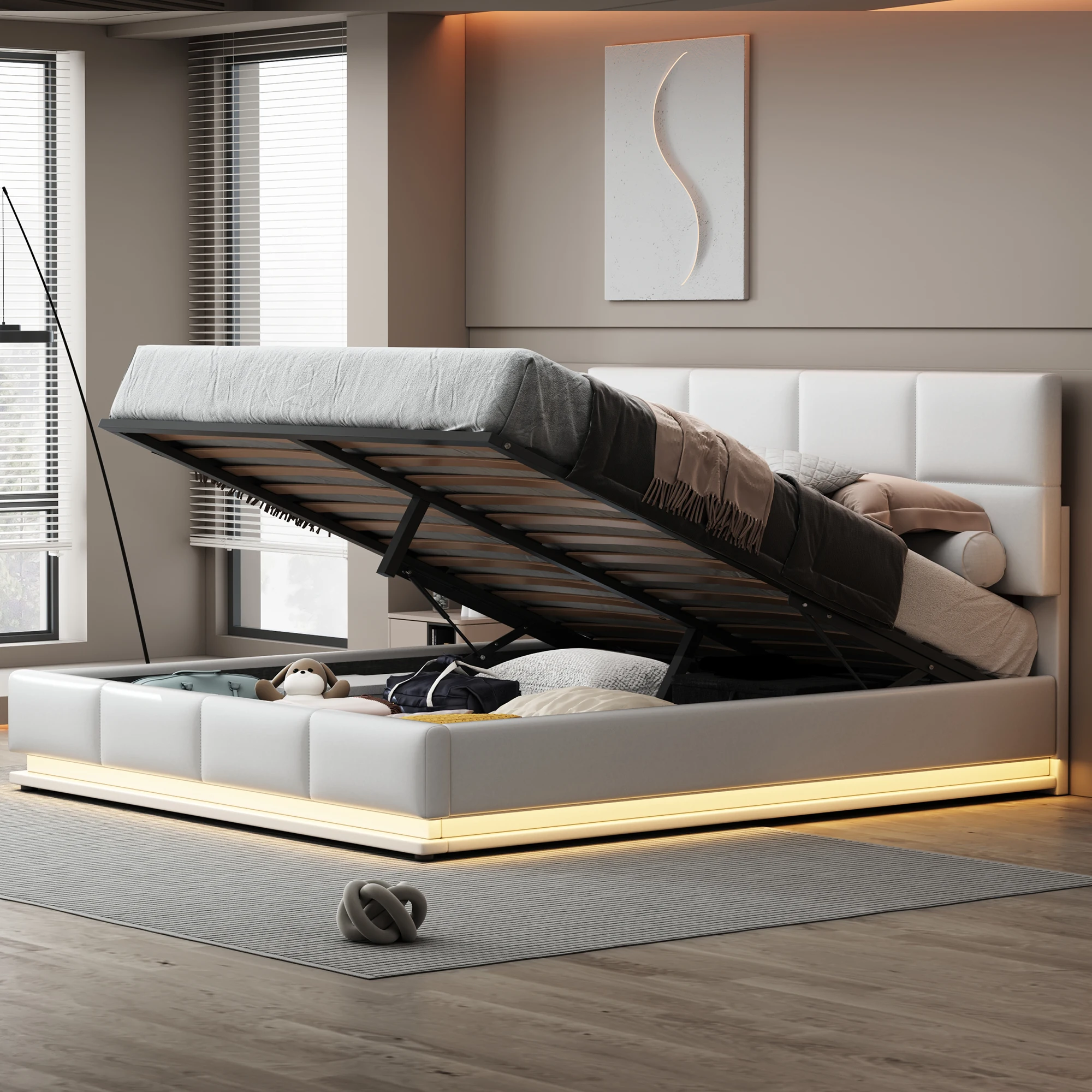 Polsterbett 180x200 cm mit LED-Beleuchtung und hydraulisch anhebbarem Bettaufbewahrung, Bettkasten und Lattenrost, Kunstlederbezug