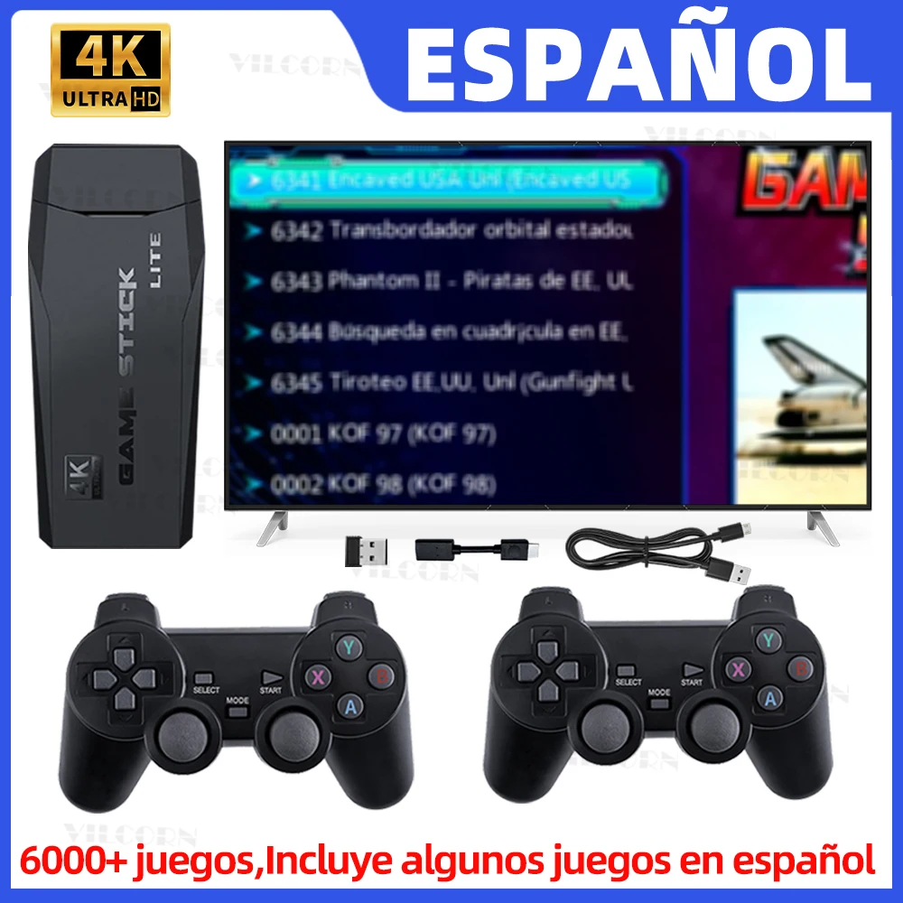 [Spanische Version] M8ES Videospiel Consola 4K TV Game Stick mit 6000 Spielen für SFC MAME PS1 Juegos Retro Spielkonsole Kind Geschenk