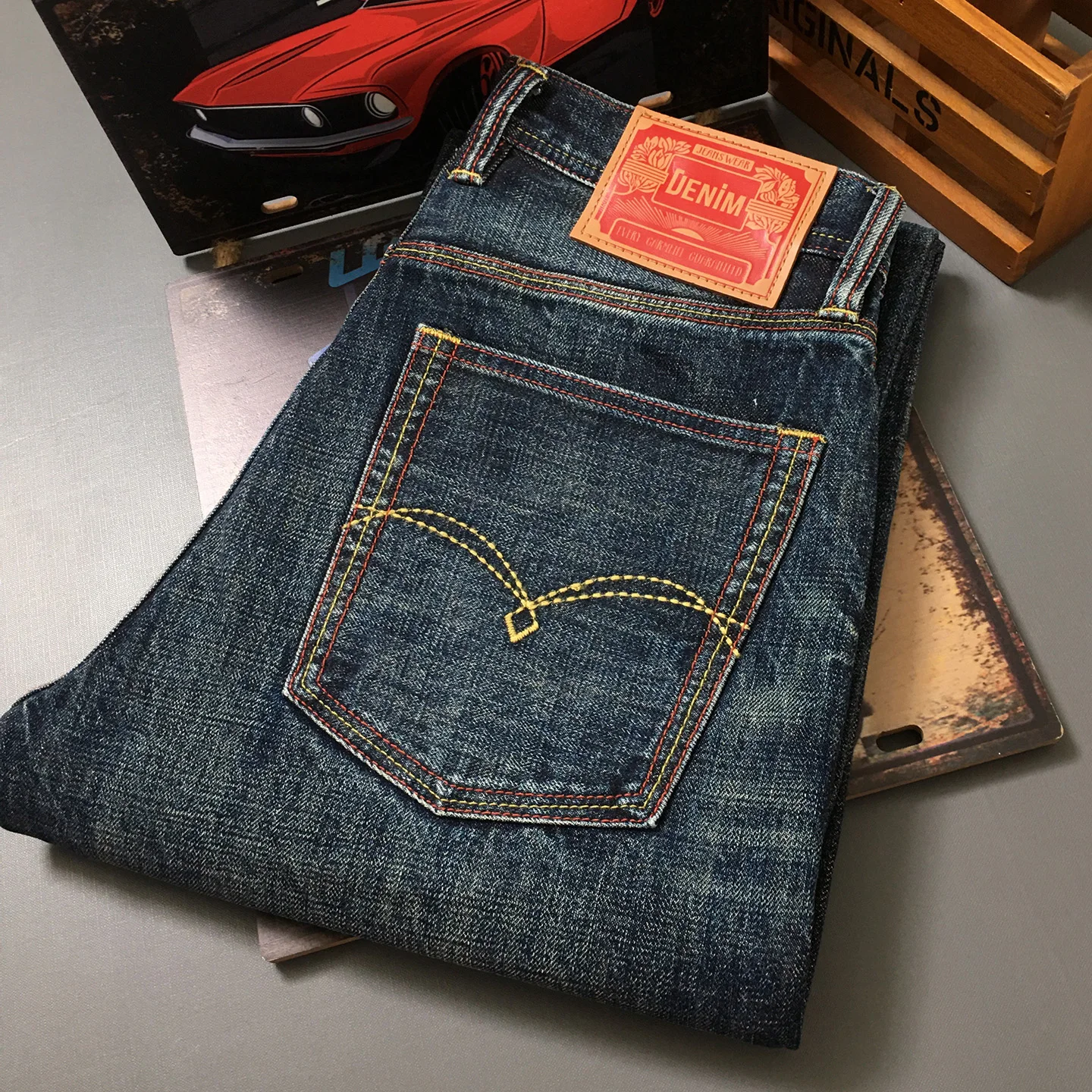 Hochwertige 100% Baumwolle Gewaschene Gelbe Selvedge Denim-Jeans für Herren Amerikanischer Vintage-Stil Lässige Frühling-Herbst Lose Gerade Hose