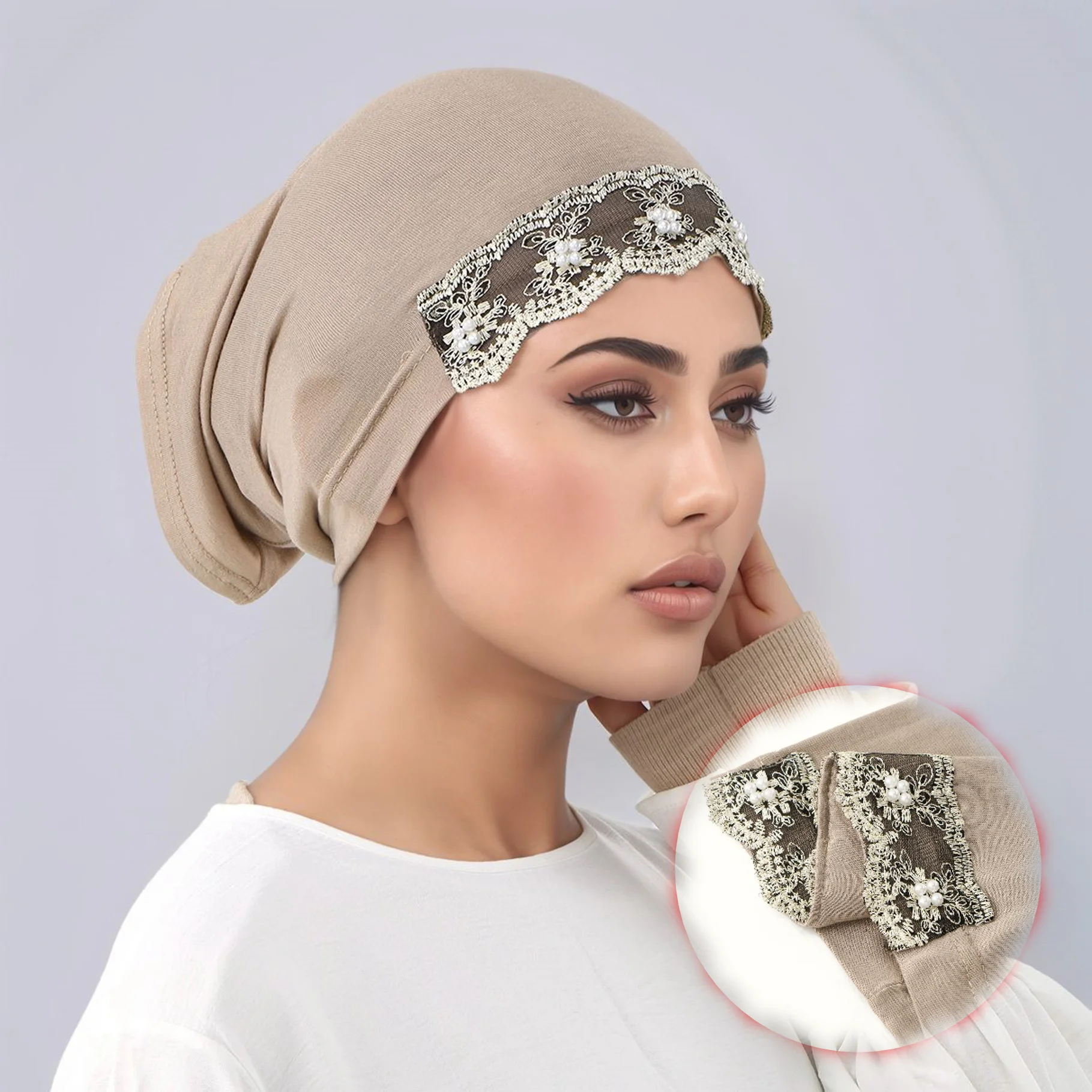 Perlenstickerei-Jersey, Instant-Hijab für muslimischen Hijab, Turban, Röhrenkappe, solide Stretch-Innenkappe, Unterkappe, florales Spitzen-Bandana Image