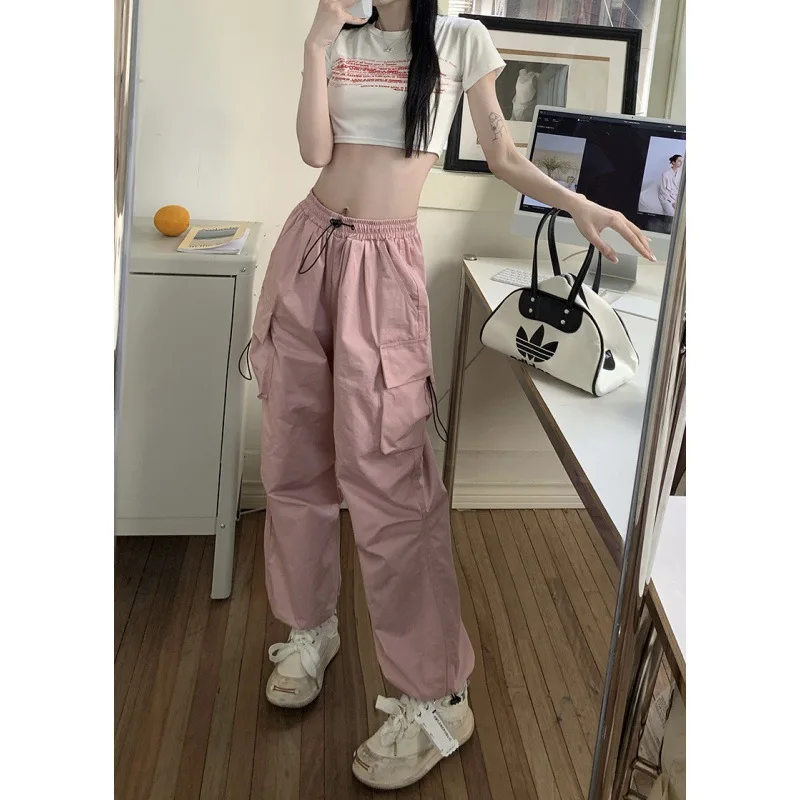 Koreanische versionCargo Hosen Hohe Taille Street Hip Hop Hosen Weibliche Große Taschen Casual Niedrige Taille Kordelzug Baggy Jogginghose