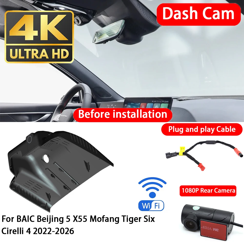 Für BAIC Beijing 5 X55 Mofang Tiger Six Cirelli 4 2022-2026 4K Dashcam Vorne Hinten Autokamera WLAN Plug & Play Videorekorder Image