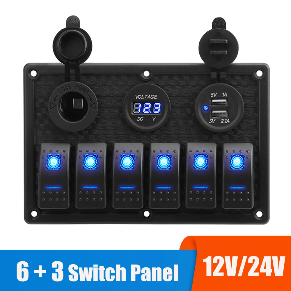 24V 12V 6 Tasten Schalttafel mit digitalem Voltmeter-Tester USB-Ladegeräte 3,0 Licht umschalten Auto Netzteil Marine Boot Caravan Image