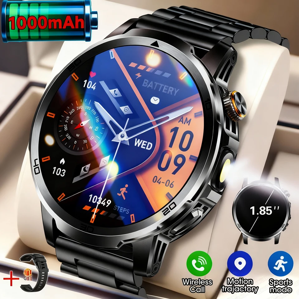 Neue Outdoor Abenteuer Smart Uhr 1,85'' HD AMOLED Display 24H Gesundheit Überwachung Taschenlampe Wasserdichte Sport Smartwatch Für Männer Image