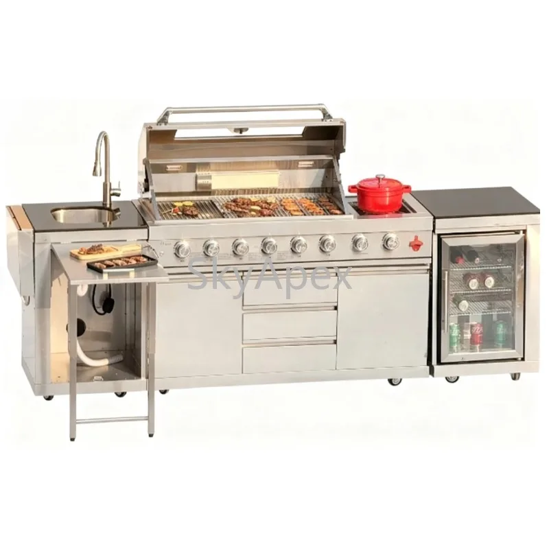 Modulare Outdoor-Küche mit Kamado-Grill, Mini-Spulen und Schubladen aus Stahl, Gas-Holzkohle-Kraftstoff, hochwertige Klappfunktion für den Innenbereich Image