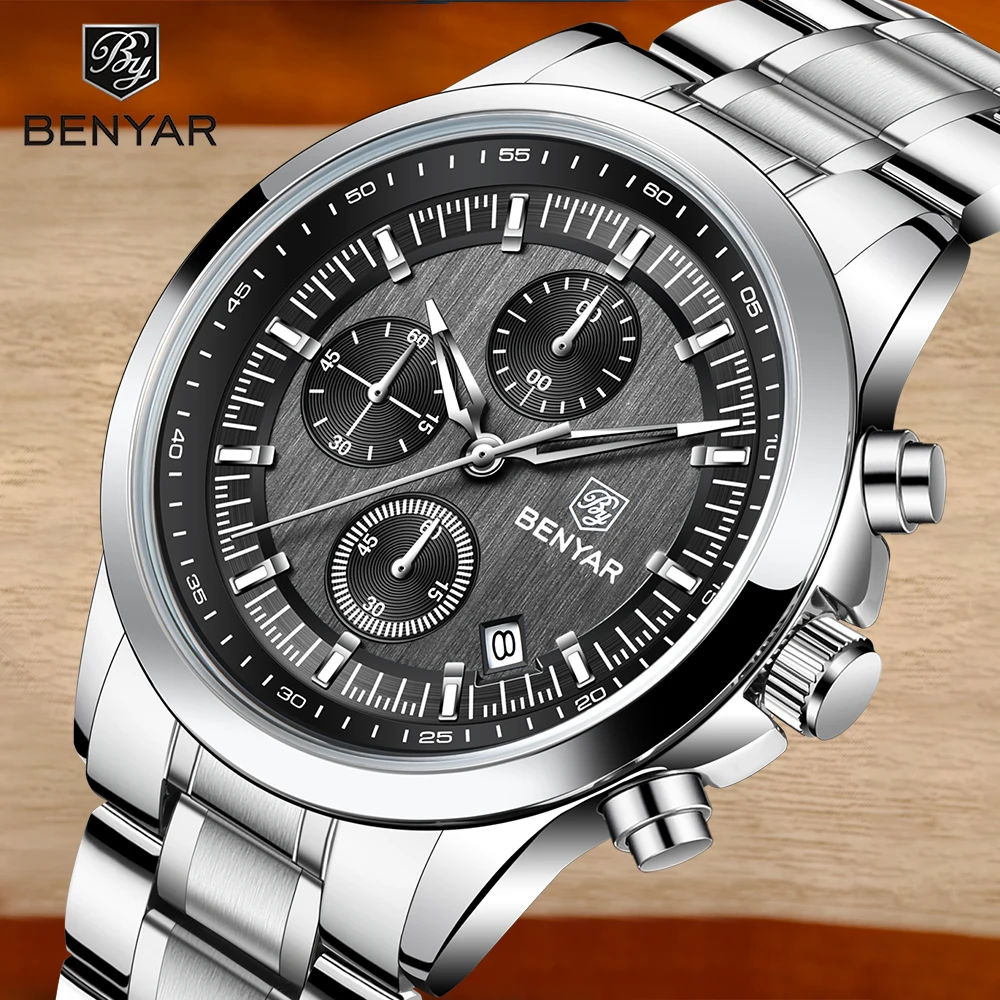 BENYAR 2024 Neue 40 MM männer Quarzuhr 50 M Wasserdichte Automatische Tauchen Uhr Luxus Mode männer Edelstahl uhr Image