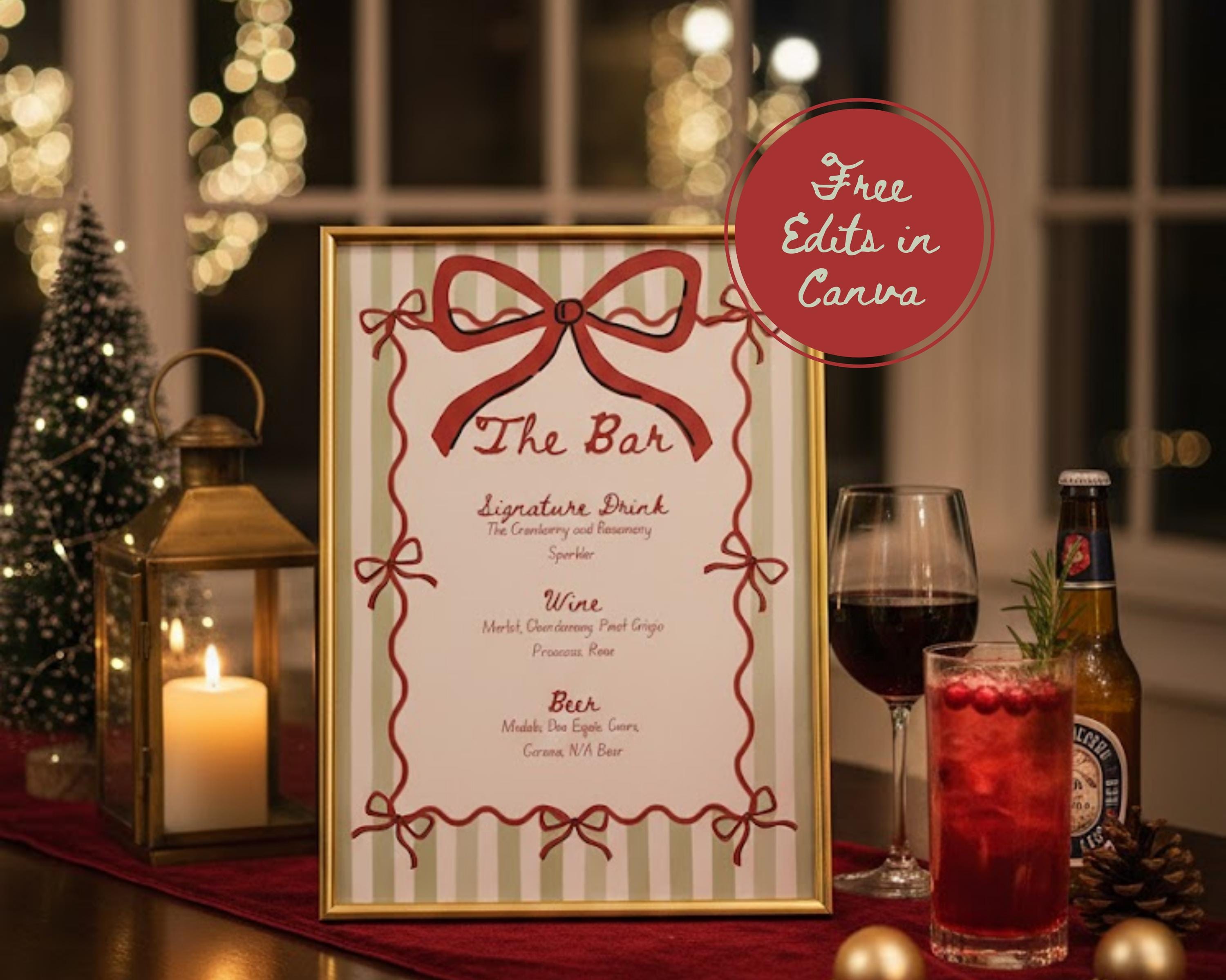 Modello di menu per bar di Natale, cartello per bar delle feste, cartello per bevande per feste di Natale, menu per bar delle feste modificabile, menu