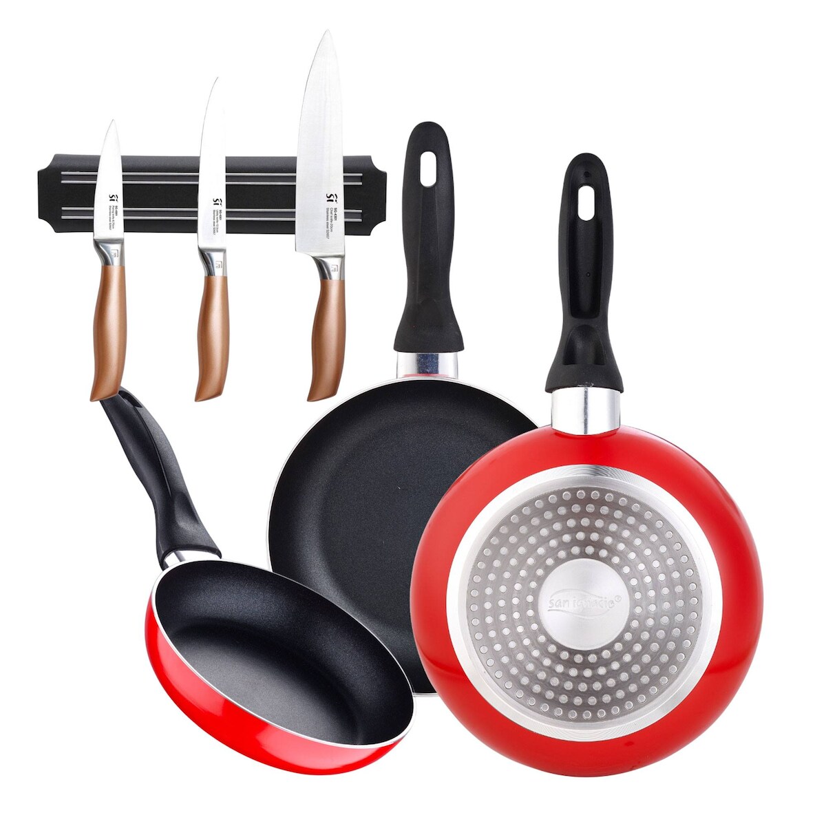 Bergner - Set aus 3 gepressten Aluminium-Pfannen Ø16/20/24cm für Induktion, Navy Red, mit 3-teiligem Edelstahlmesserset und magnetischer Wandhalterung Image