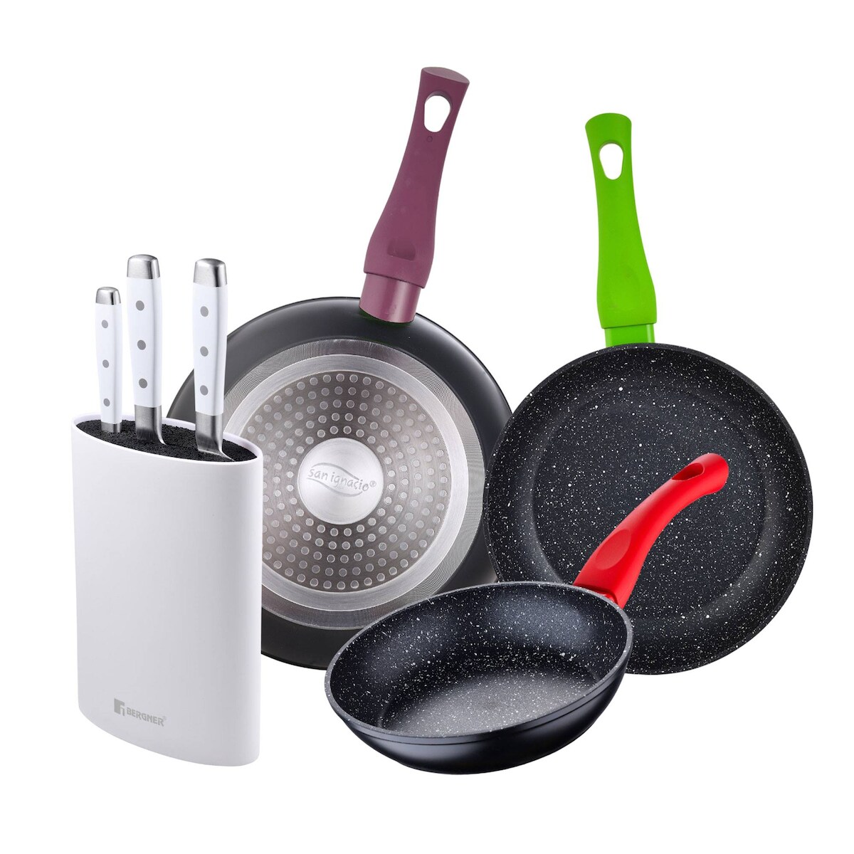 BERGNER - Set aus 3 Pfannen Ø18/Ø22/Ø26 cm Jolie Schmiedaluminium, geeignet für Induktion 3-teiliges Edelstahlmesser-Set mit Messerblock Image