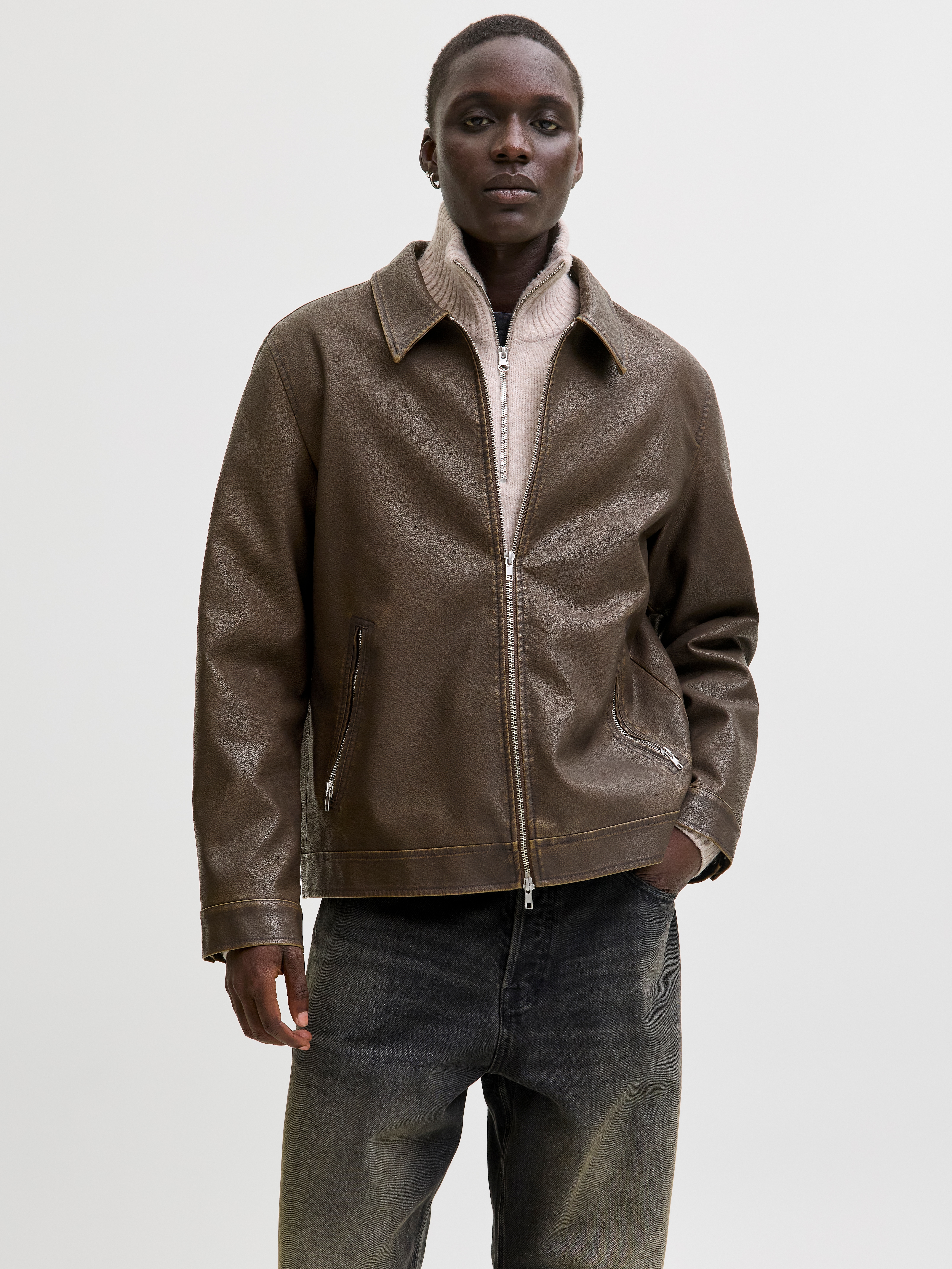 Bikerjacke JACK & JONES "JJECASABLANCA PU JACKET NOOS", Herren, Gr. S, chocolate braun, Web, Obermaterial: 100% Polyester, unifarben, regular fit, Jacken, mit Fronttaschen