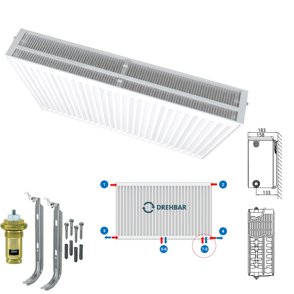 Belrad Typ 33 Universalheizkörper Ventilheizkörper Mittelanschluss mit 8 Anschlüssen 700 x 600 (HxB)-1627w Image