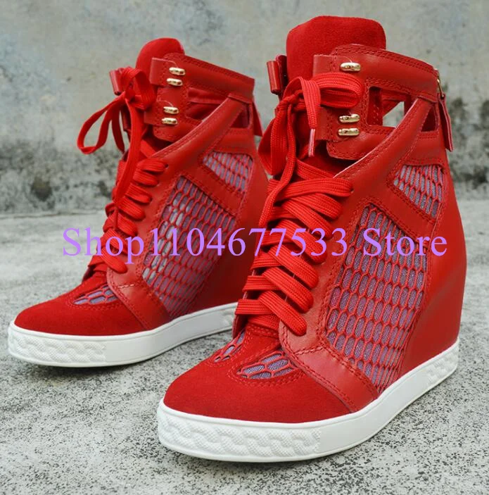 Rose Rot Aushöhlen Dame Schuhe Mode 8cm Zunehmende Ferse Keil Schuhe Frau Plattform Casual Schuhe Sandalen Stiefeletten