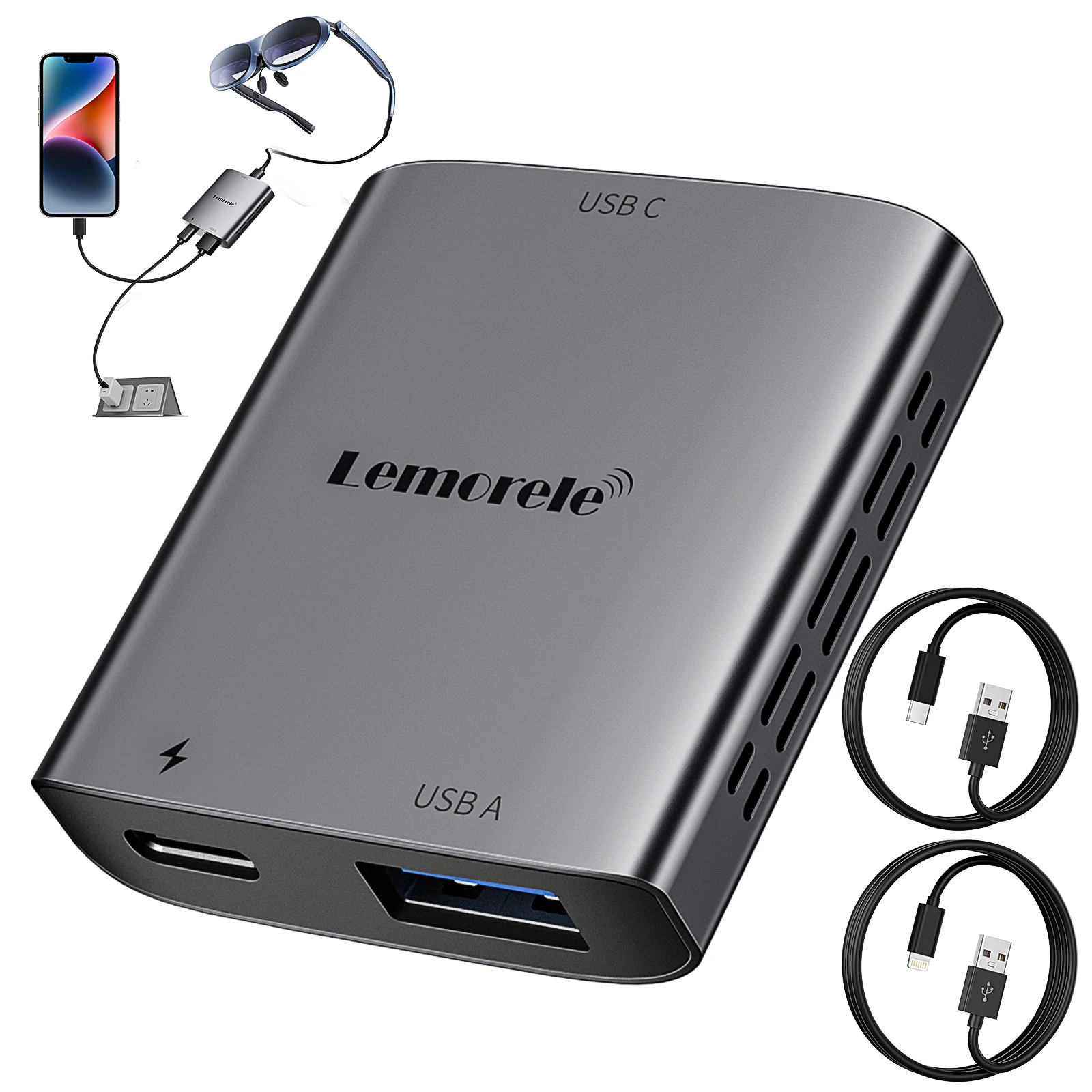 Lemorele Lightning auf USB-C AR-Brillenadapter 10080P Typ-C-Umschalter für Telefon/tragbarer Monitor AR-Brillen-Ladekonverter Image