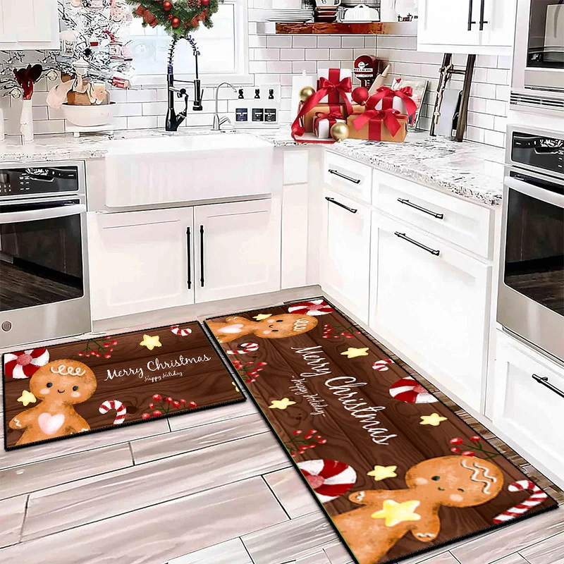 VIKAMA 1/2PC süßer Lebkuchenmann Weihnachten Kristall Samt Teppich Home Küche Toilette saugfähig schmutzabweisend Teppich Home Decor Image