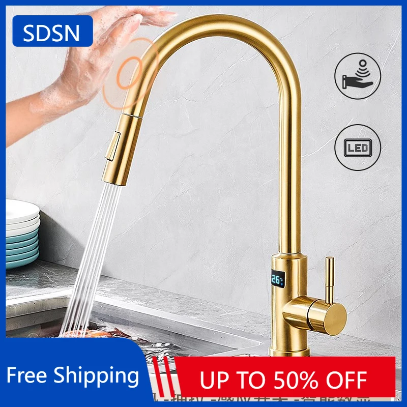 Brushed Gold Digital Touch Kitchen Sink Faucet with Pull Down Sprayer Stainless Steel Smart Touch on Digital Kitchen Faucets Tap