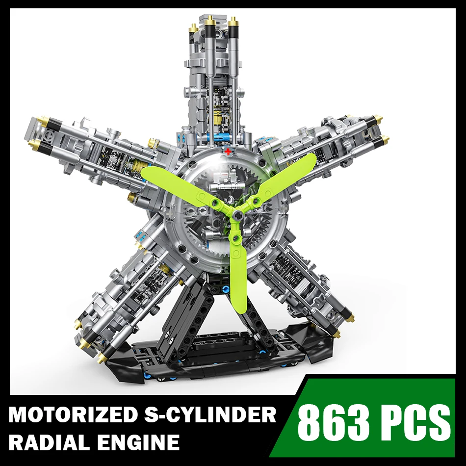 MOC Technische motorisierte S-Zylinder-Radialmotor-Bausteine mit Licht, elektrisch, Flugzeugmotoren, Ziegel, Spielzeug, Kindergeschenke Image
