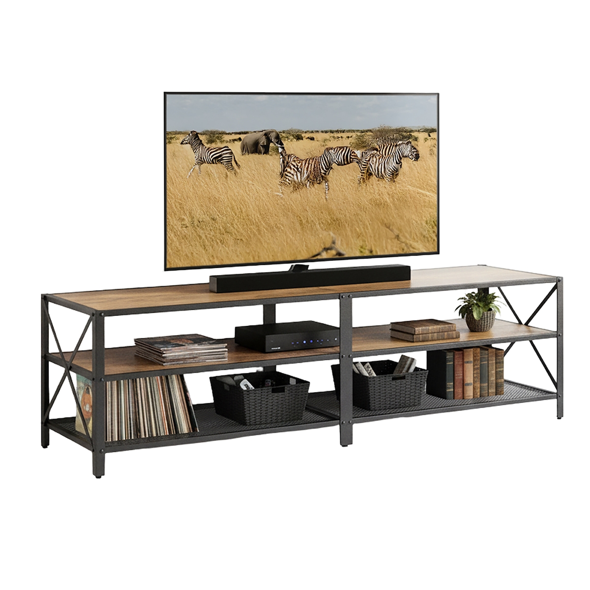 Relaxdays TV-Lowboard, 4 Fächer, offenes TV-Regal bis 75 Zoll, Fernsehtisch, HxBxT: 52 x 180 x 39 cm, braun/schwarz Image