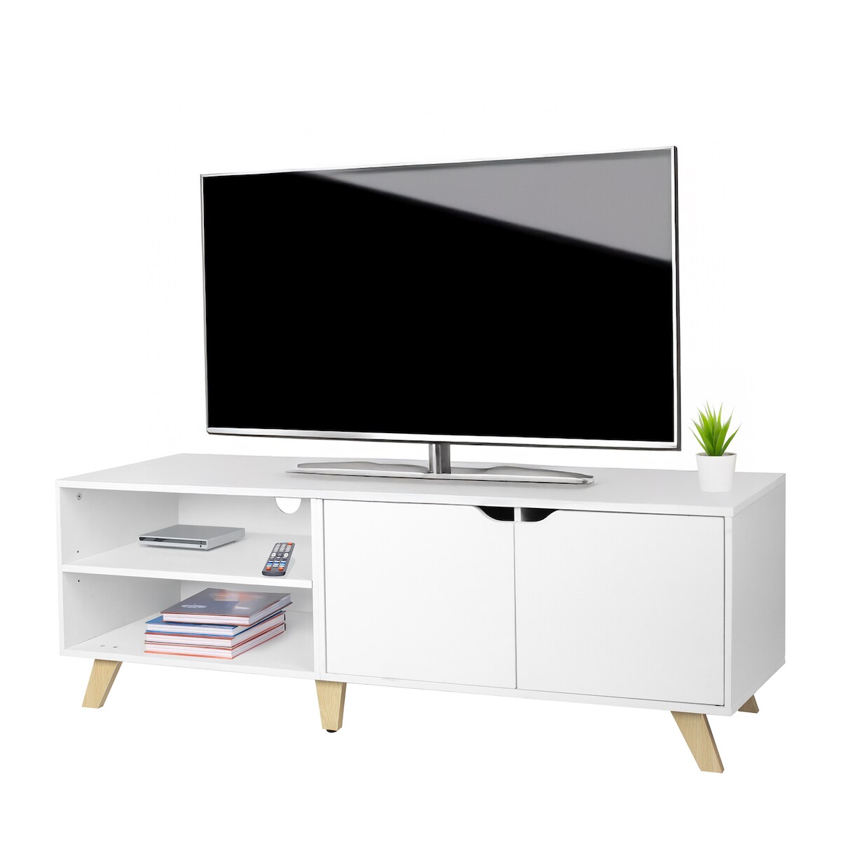 Relaxdays TV-Lowboard, 6 Fächer, TV-Schrank bis 60 Zoll, HBT: 50 x 140 x 40 cm, Fernsehtisch mit Kabelführung, weiß