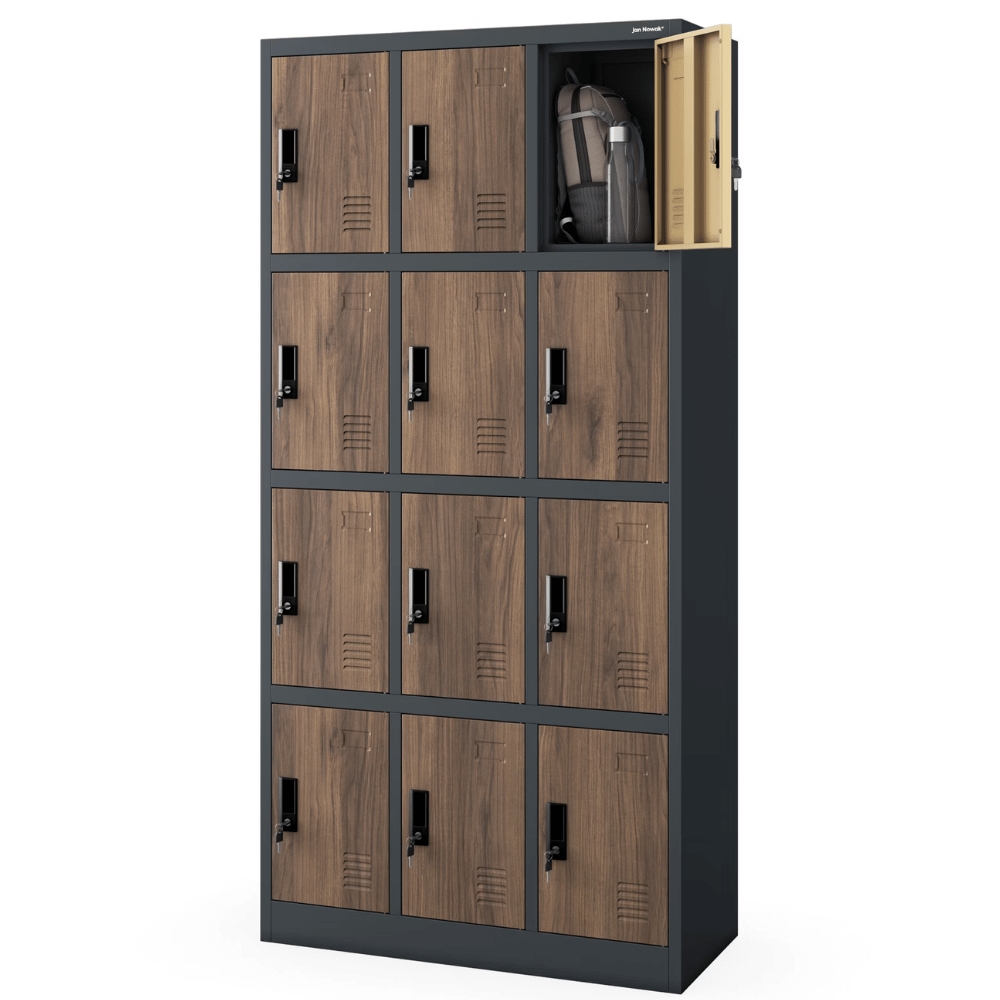 DELUKE Schließfachschrank Spind BERN - 12 Fächer, Etikettenhalter | Wertfachschrank Umkleideschrank Metall Kleiderspind, 185x90x40cm Anthrazit-Nussbaum Image