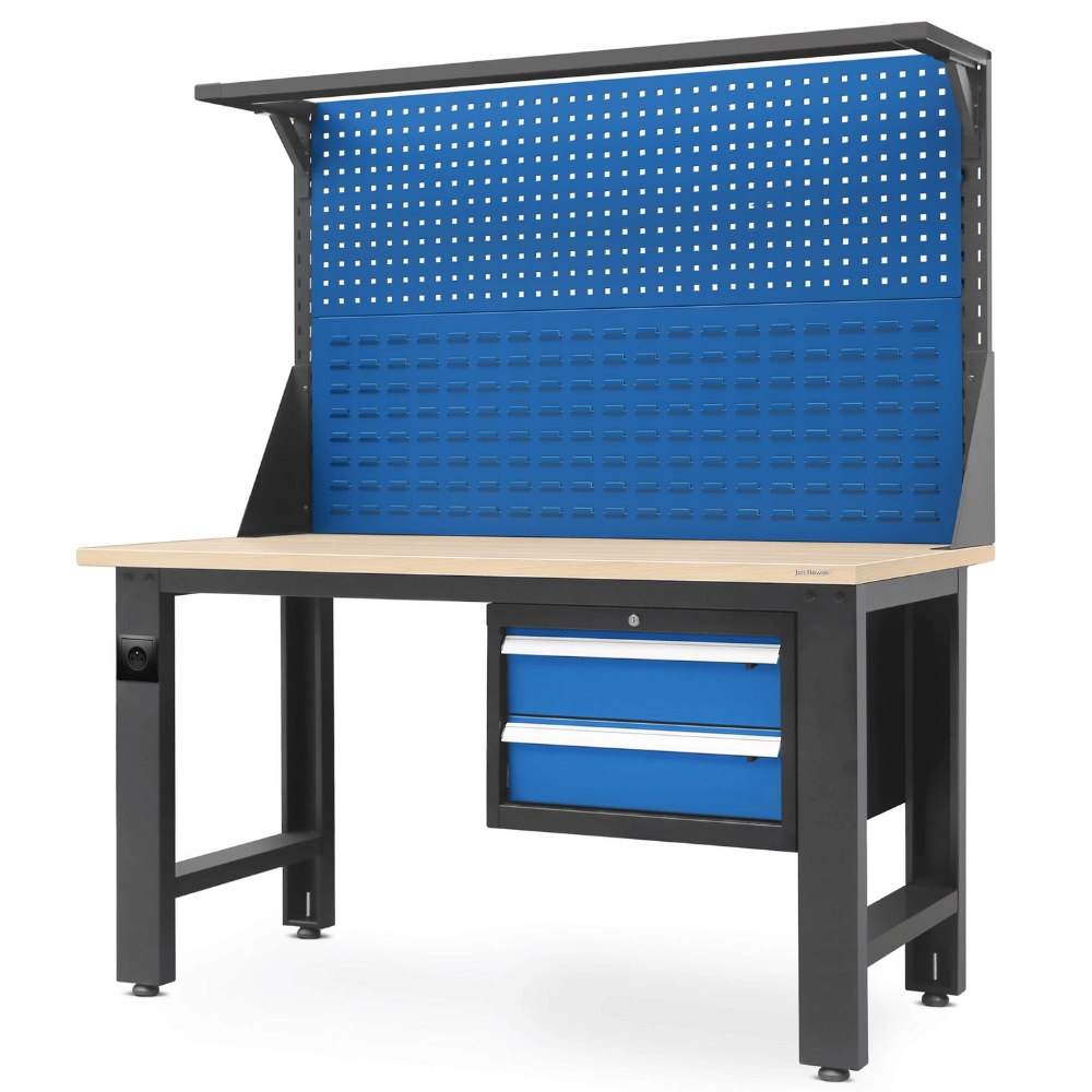 DELUKE Werkbank Werkstatt ROBI - Lochwand , 2 Schubladen | Werktisch Montagewerkbank Arbeitstisch Packtisch, 170x150x75cm Anthrazit-Blau, Platte Braun Image