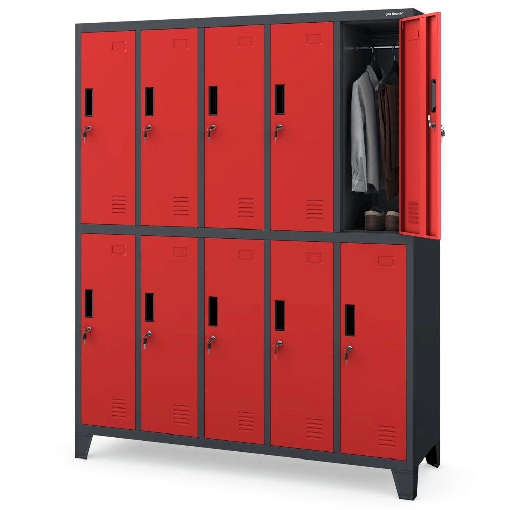DELUKE Umkleideschrank Spind BERLIN - 10 Abteile, Etikettenhalter | Umkleidespind Schließfachschrank Garderobenspind, 172x136x45cm Anthrazit-Rot Image