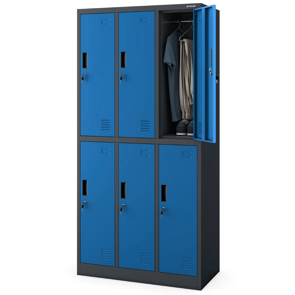 DELUKE Umkleideschrank Spind TOKIO - 6 Abteile, Etikettenhalter | Umkleidespind Schließfachschrank Garderobenspind, 185x90x45cm Anthrazit-Blau Image