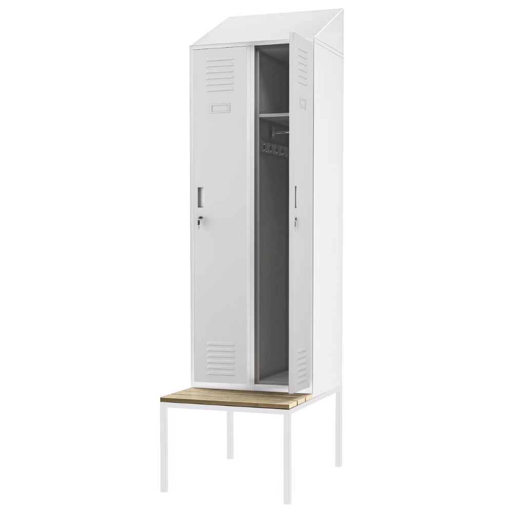 DELUKE Umkleideschrank Spind mit Sitzbank BARCA - 2 Abteile, Etikettenhalter | Umkleidespind Metall Schließfachschrank Kleiderspind, 229,5x60x85cm Grau Image