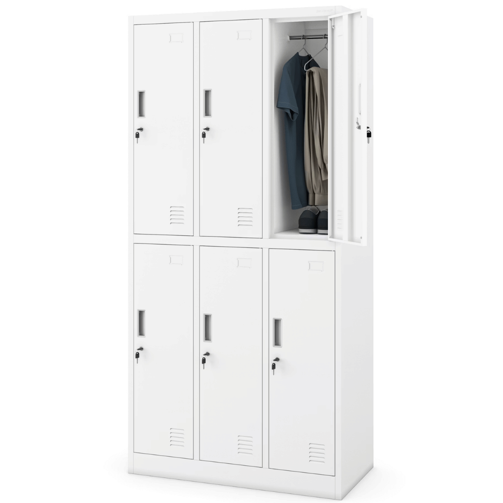 DELUKE Umkleideschrank Spind TOKIO - 6 Abteile, Etikettenhalter Lüftungsschlitze | Umkleidespind Schließfachschrank Garderobenspind, 185x90x45cm Weiß Image