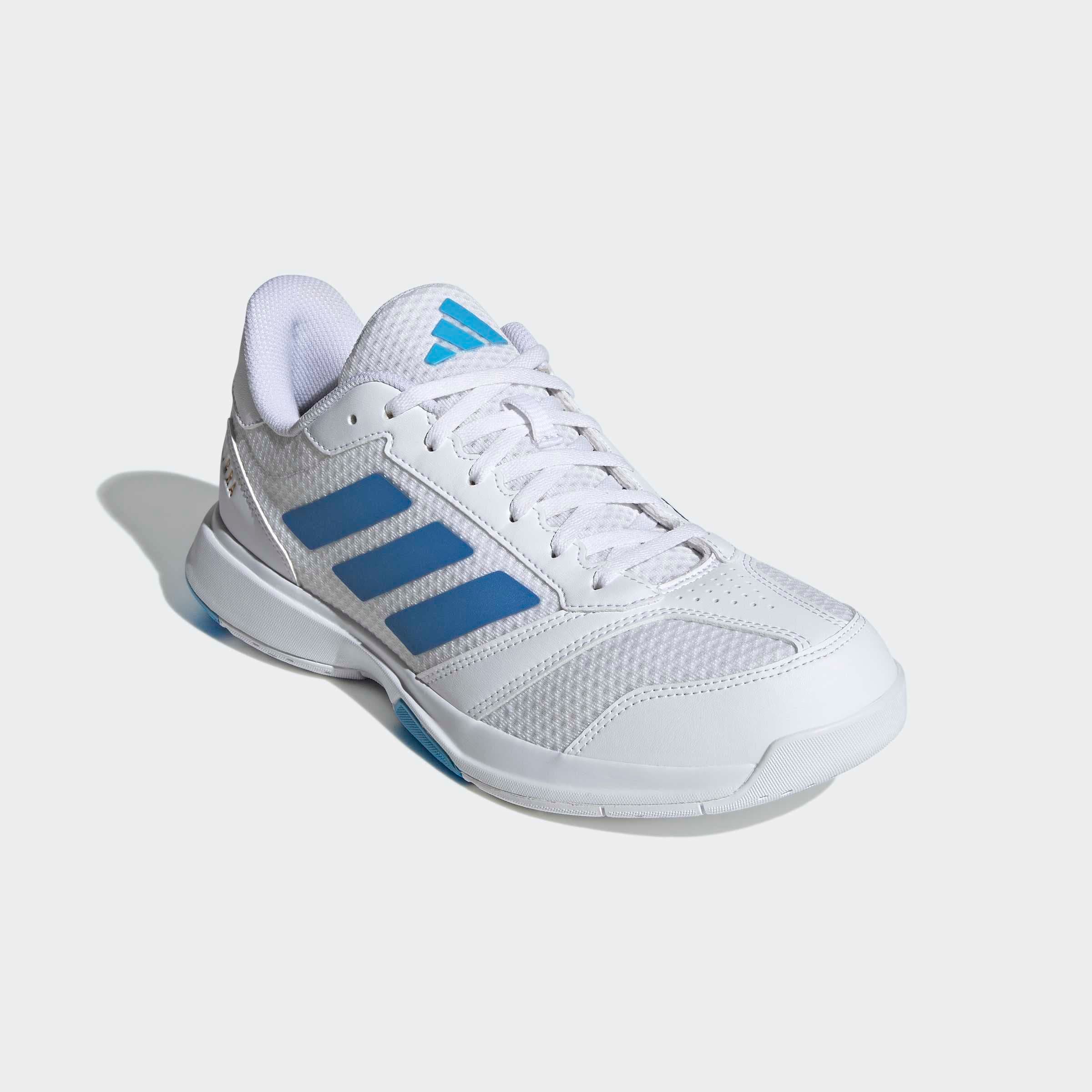 Hallenschuh ADIDAS PERFORMANCE "LIGRA 8 INDOOR", Damen, Gr. 48, cloud weiß, ray blau, lucid aquamarine, Synthetik, Textil, Schuhe Hallenschuh