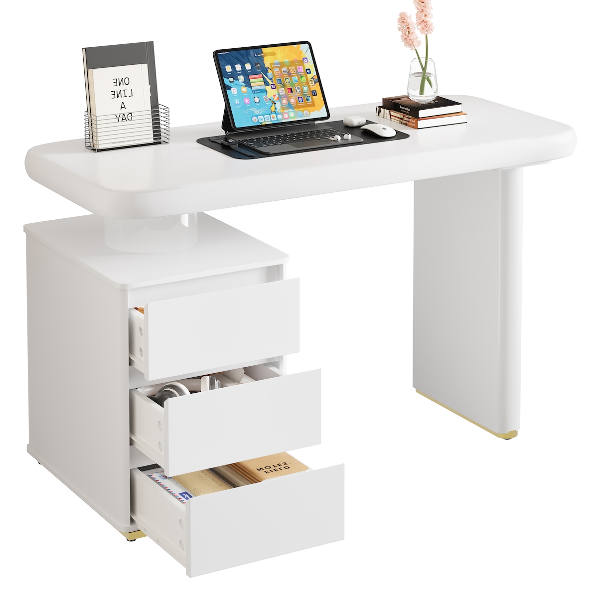 OKWISH Schreibtisch 117x50x74 Wolkenform 3 Schubladen MDF Voll-Lackierung Homeoffice Wohnzimmer Schlafzimmer Weiß Image