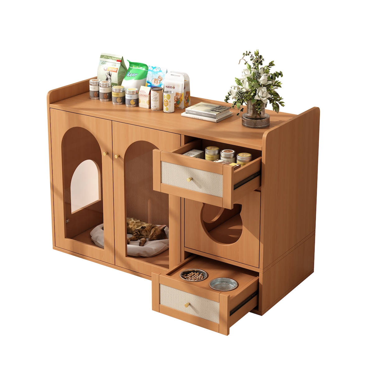 OKWISH Mehrzweck-Katzenhaus 120x45x83 cm Nussbaum mit integriertem Katzenkloschrank, Futterschalen-System, Stauraum, MDF & Glas für Katzen Image