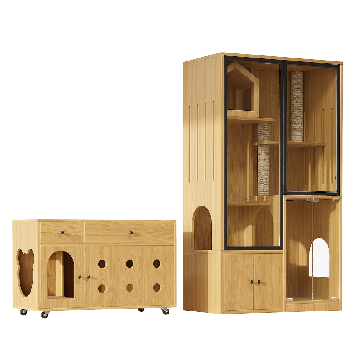 OKWISH Katzenvilla Set 90x50x160 Katze Spielhaus Kratzbaum Kratzmöbel mit Katzentoilettenschrank 100x45x66 MDF Katzenmöbel Ahornholz für mehrere Katzen Image