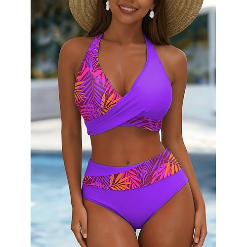 Damen Bikini 2 Teile Badeanzug Palmrock Ferienmode Floral Grafik V-Ausschnitt Ärmellose Badeanzüge Image