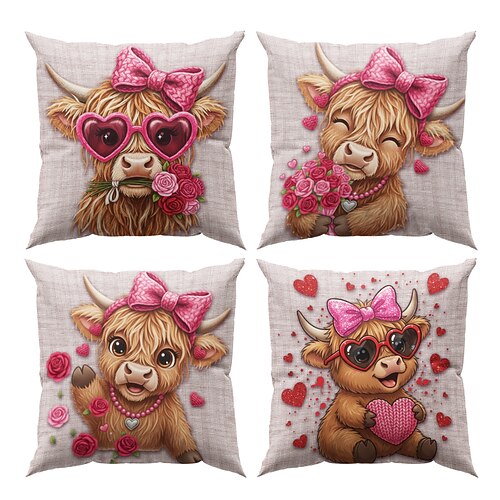 Valentinstag-Kissenbezug mit 2D-Flachdruck, Kuh mit rosa Herzbrille und Rosen Herzen, Wellenmuster, niedlicher rosa Dekokissenbezug, Valentinstagsgeschenk Image