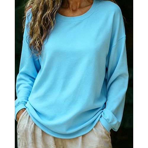 Damen T Shirt Einfarbig Lässig Langarm Rundhalsausschnitt Normale Oberteile Täglich Ausgehen Wochenende Blau Rosa Himmelblau Khaki Frühling Herbst Image