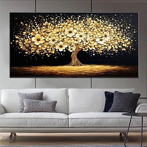 Abstraktes Gemälde eines goldenen Baumes, Leinwand mit goldener Blumenstruktur, goldene und schwarze Baumkunst fürs Schlafzimmer, Acryl-Wandmalerei fürs Schlafzimmer Image