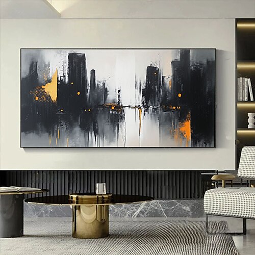 Handgemaltes, großes abstraktes Ölgemälde einer Stadtlandschaft in Schwarz und Gold – moderne Wanddekoration in neutralen Farben und Grau. Image