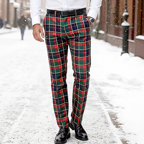 Herren Hose Anzughose Chinos Tasche Knöpfe Karomuster tragbar Täglich Outdoor Geschäft Mode Streetwear Rote Image