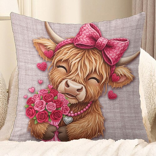 Valentinstag-Kissenbezug mit 2D-Flachdruck, Kuh mit rosa Herzbrille und Rosen Herzen, Wellenmuster, niedlicher rosa Dekokissenbezug, Valentinstagsgeschenk Image
