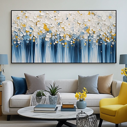 Handme Marineblau Handgefertigtes abstraktes Kunstwerk mit Blattgold, dunkelblaues Acrylgemälde auf Leinwand, moderne ästhetische Dekoration für das Wohnzimmer, goldene Leinwandkunst Image