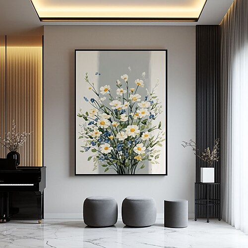 Handgemaltes Vintage-Ölgemälde mit Gänseblümchenmotiv, blau-weißes Blumenbild, Blumenstrauß, Vase, Mid-Century-Stillleben, Wandkunst-Dekoration Image