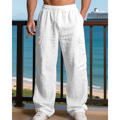 Herren Leinenhosen Hose Sommerhose Baggy-Hosen Strandhose Kordelzug Elastischer Bund Einfarbig Komfort Atmungsaktiv Täglich Outdoor Strand Urlaub Mode Schwarz Weiß Image