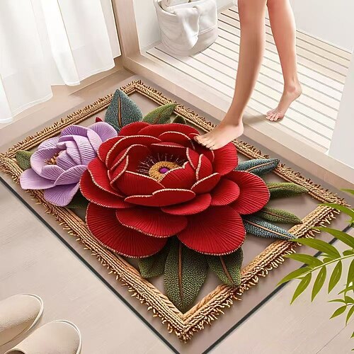 Kieselgur-Fußmatte, rutschfest, Badezimmermatte mit Wasserblumenmuster, pflegeleicht, Eingangsbereich, Küchenteppich, saugfähig, schnelltrocknend, für den Haushalt Image