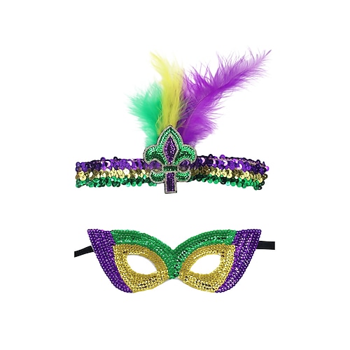 Damenschuhe Mardi Gras Polyester Pailletten-Maske und Haarband Set – Kräftige Farben mit Federn perfekt für Karneval und Maskenpartys Image