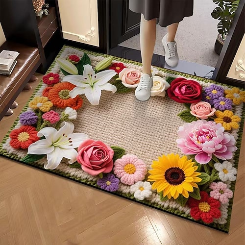 Kieselgur-Fußmatte, rutschfest, Badezimmermatte mit Wasserblumenmuster, pflegeleicht, Eingangsbereich, Küchenteppich, saugfähig, schnelltrocknend, für den Haushalt Image