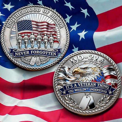 DD-214 Gedenkmünze für Veteranen der Ehrenbruderschaft, militärische Herausforderungsmünze aus Eisenlegierung für Veteranen, Erinnerungsgeschenk zum Ruhestand mit Weißkopfseeadler-Motiv für Angehörige Image
