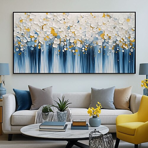 Handme Marineblau Handgefertigtes abstraktes Kunstwerk mit Blattgold, dunkelblaues Acrylgemälde auf Leinwand, moderne ästhetische Dekoration für das Wohnzimmer, goldene Leinwandkunst Image