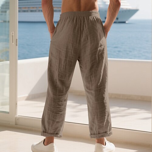 Herren Leinenhosen Hose Sommerhose Strandhose Kordelzug Elastischer Bund Einfarbig Komfort Atmungsaktiv Täglich Outdoor Strand Urlaub Mode Blau Schwarz Image