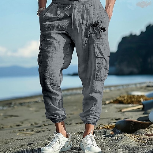 Herren Jogginghose Jogger Leinenhosen Hose Sommerhose Strandhose Kordelzug Elastischer Bund Klappentasche Einfarbig Komfort Atmungsaktiv Täglich Outdoor Strand Urlaub Mode Schwarz Weiß Image