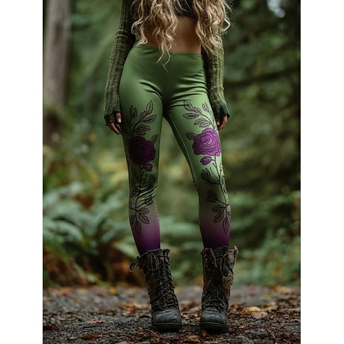 Damen Leggings Gemütliche Leggings Urlaub Vintage Ethno-Stil Volle Länge Hohe Taille Blumen Grafik Drucken Bequem Dehnbar Lässig Täglich Outdoor Dunkellila Purpur Grün Frühling Herbst Schmale Passform Image